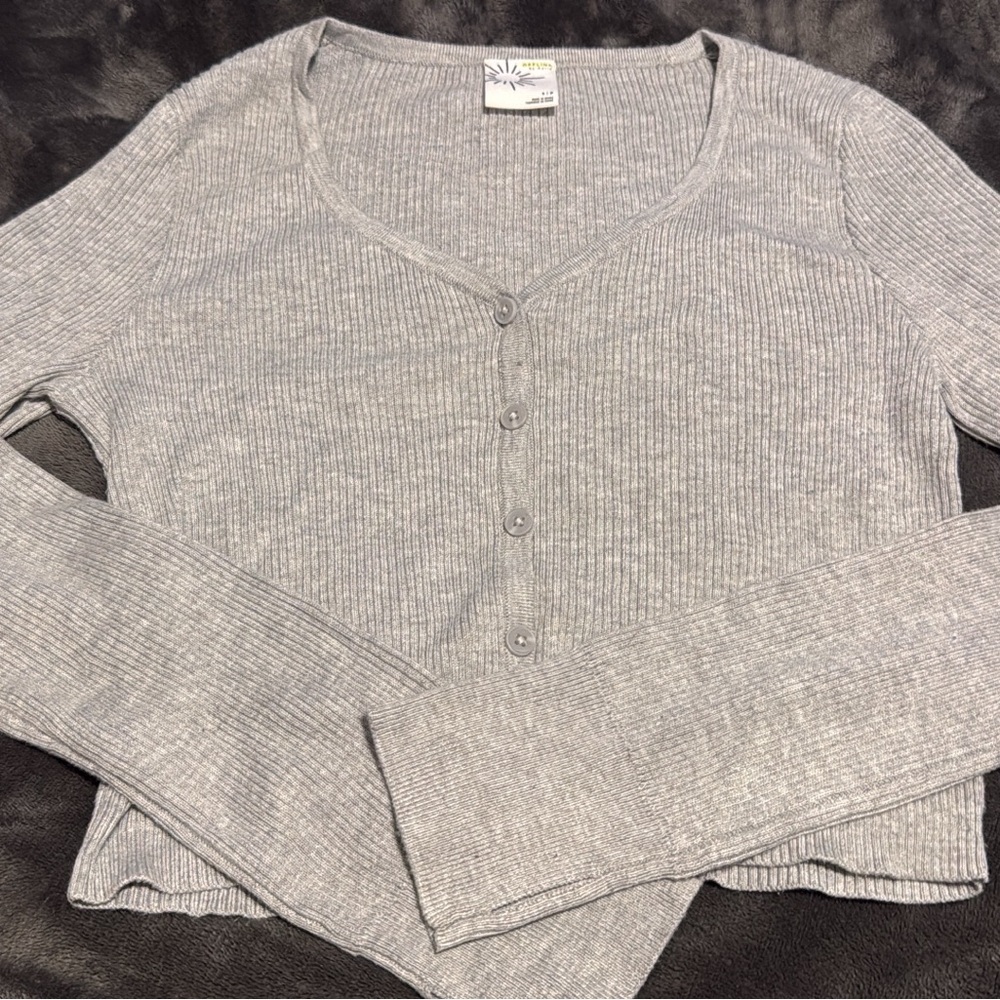 Gray Ribbed Knit Cardigan Sweater